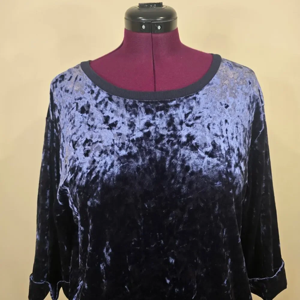 Women's Supplies Blue Crushed Velvet 3/4 Sleeve Blouse Top | Size Large - Picture 4 of 10